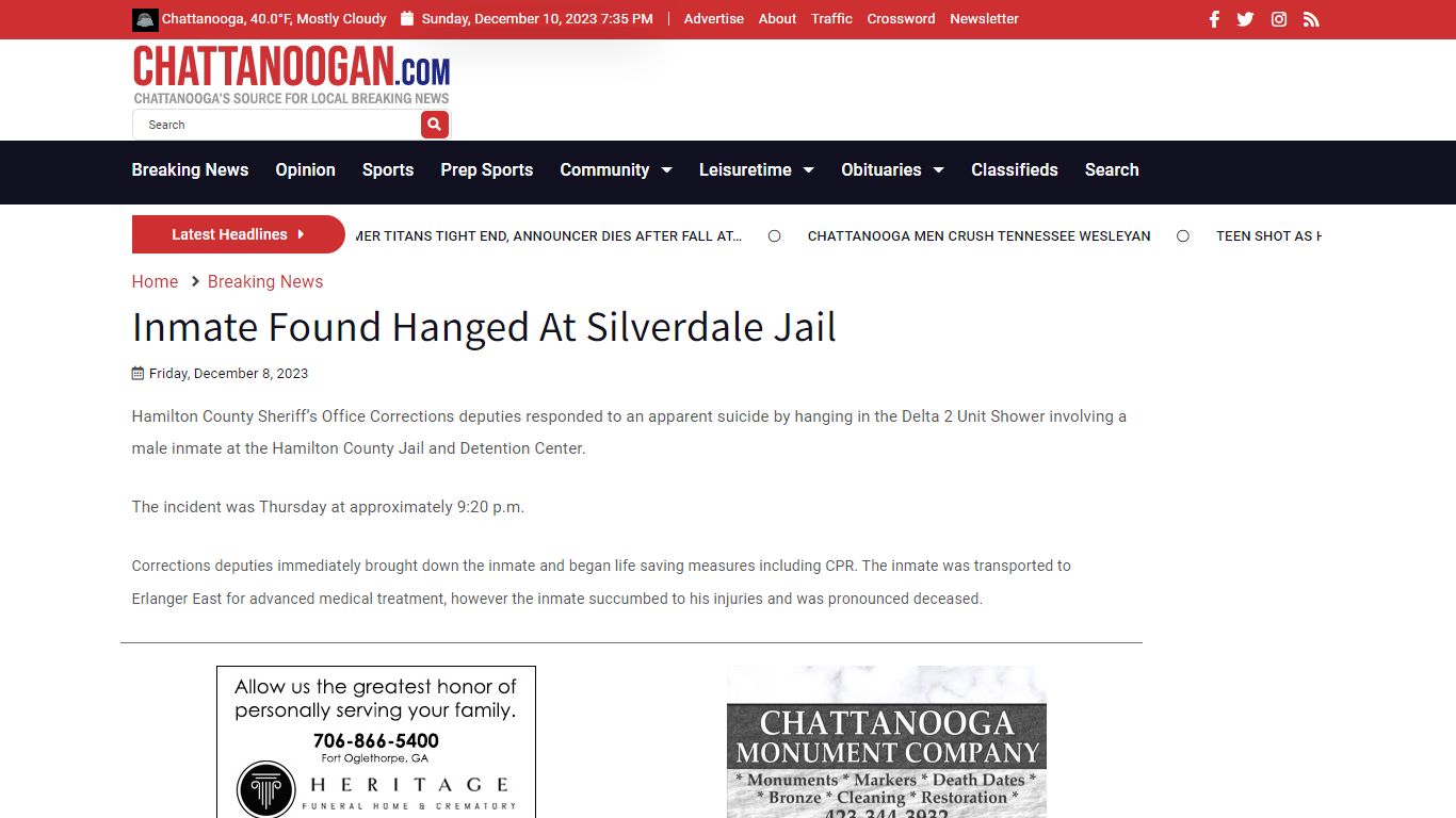 Inmate Found Hanged At Silverdale Jail - Chattanoogan.com
